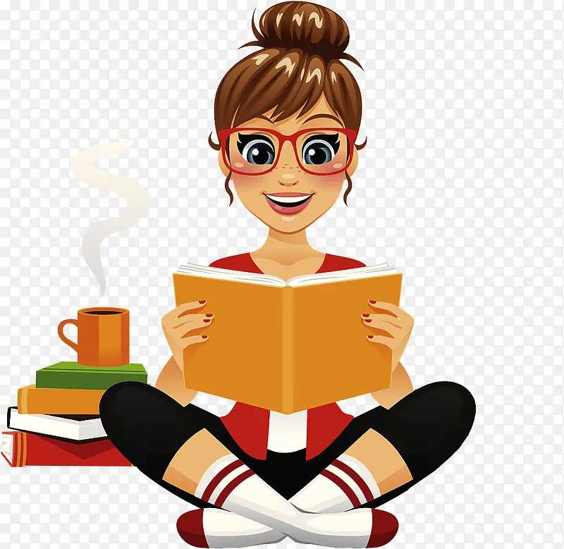 卡通女孩边看书边喝咖啡
