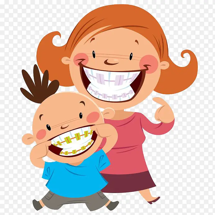 卡通妈妈和儿子开心矫正牙齿插画