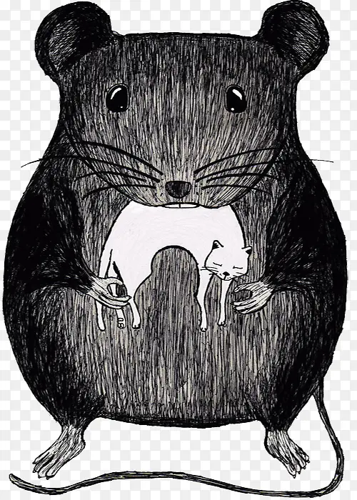 黑白插画老鼠吃猫