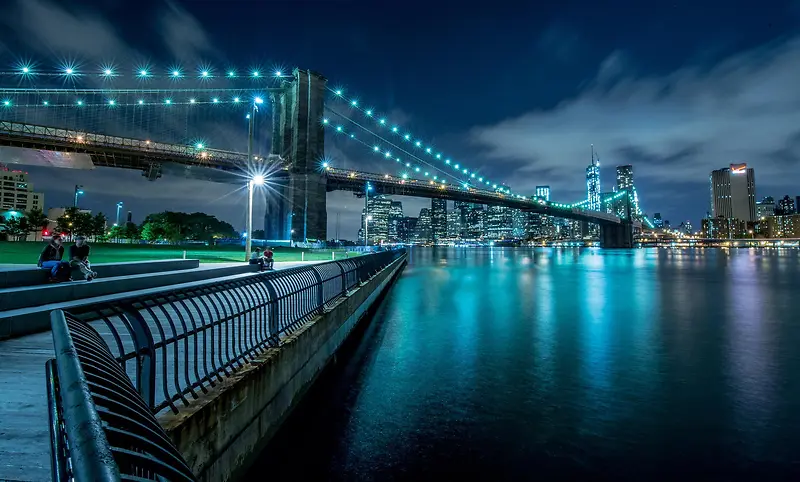 彩绘繁华都市夜晚大桥河面蓝色光效