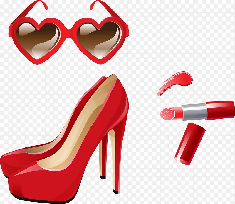 红色时尚物品女性矢量高跟鞋口红