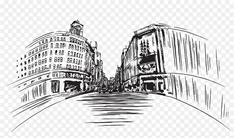 城市建筑街道素描画
