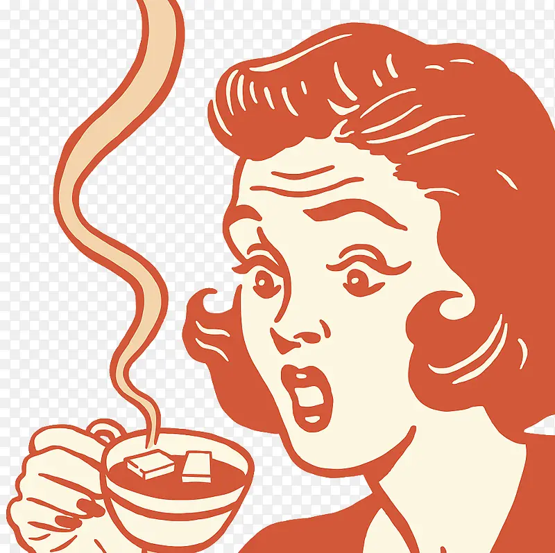 复古插图喝热咖啡的女孩