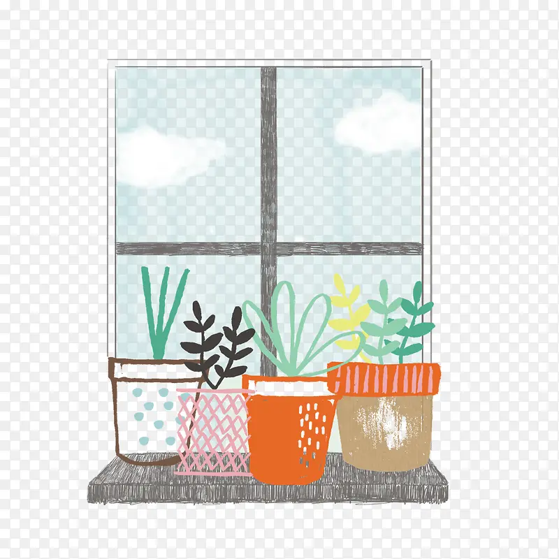 手绘盆栽和窗户