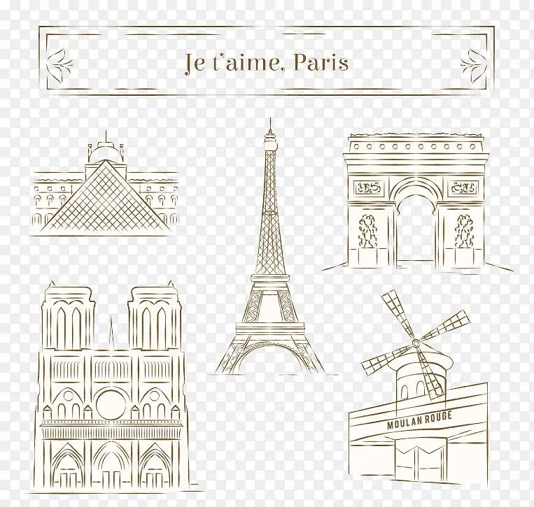 5款手绘巴黎著名建筑矢量素材