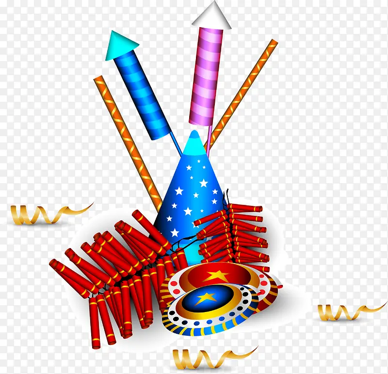 鞭炮烟花等节日元素立体矢量图