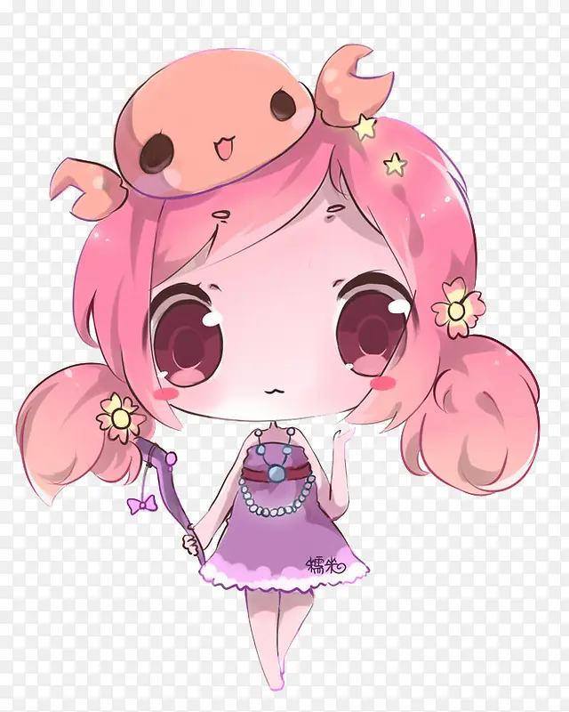 粉色螃蟹少女插画