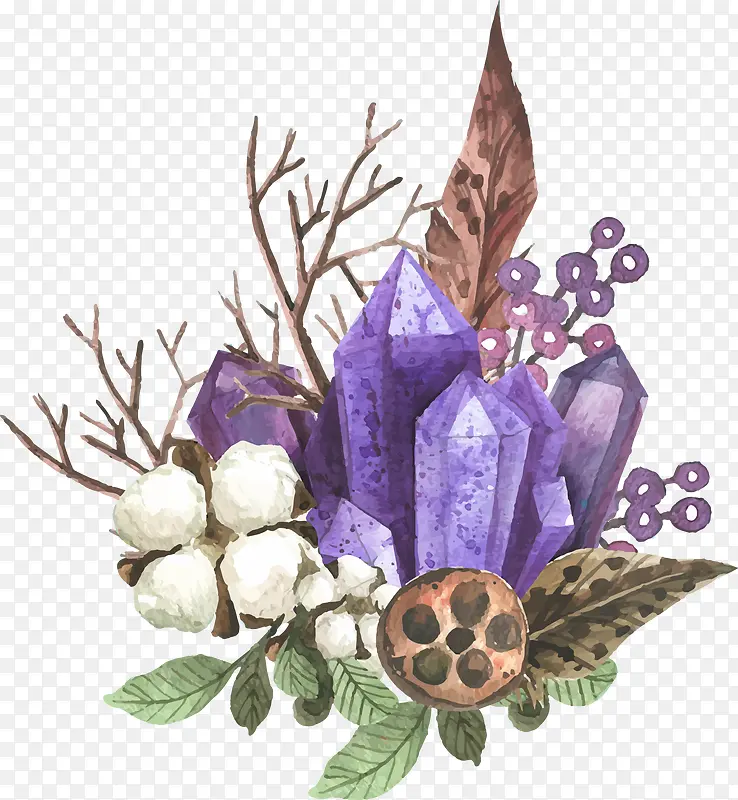 水彩紫水晶羽毛花卉装饰
