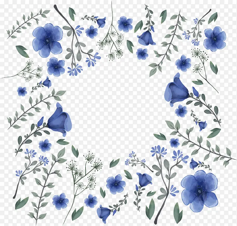蓝色水彩花朵花纹边框