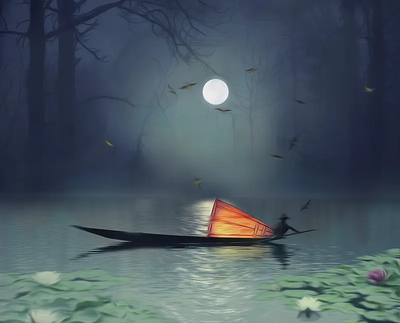 夜晚海上迷雾小船
