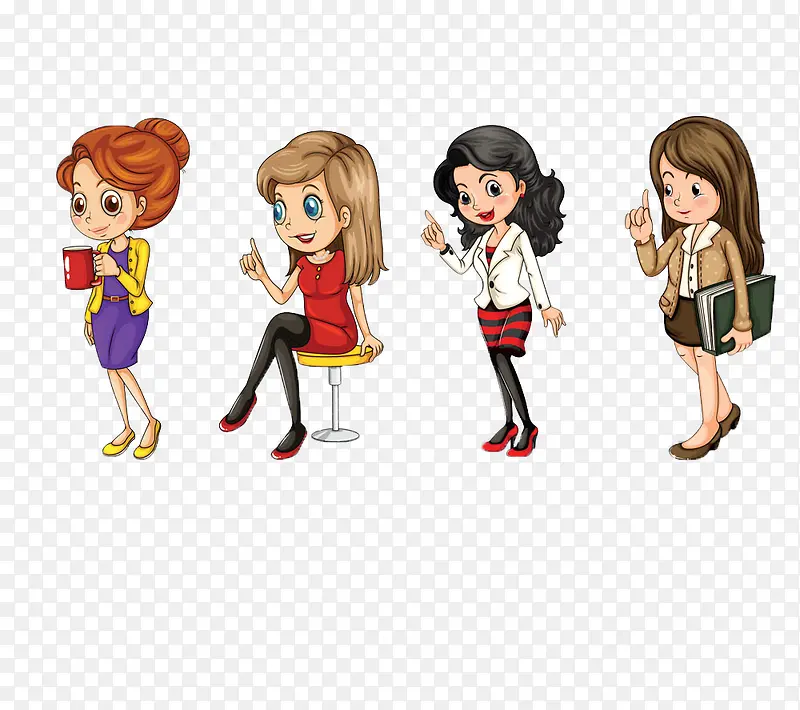 四个不同装扮的卡通商务女孩