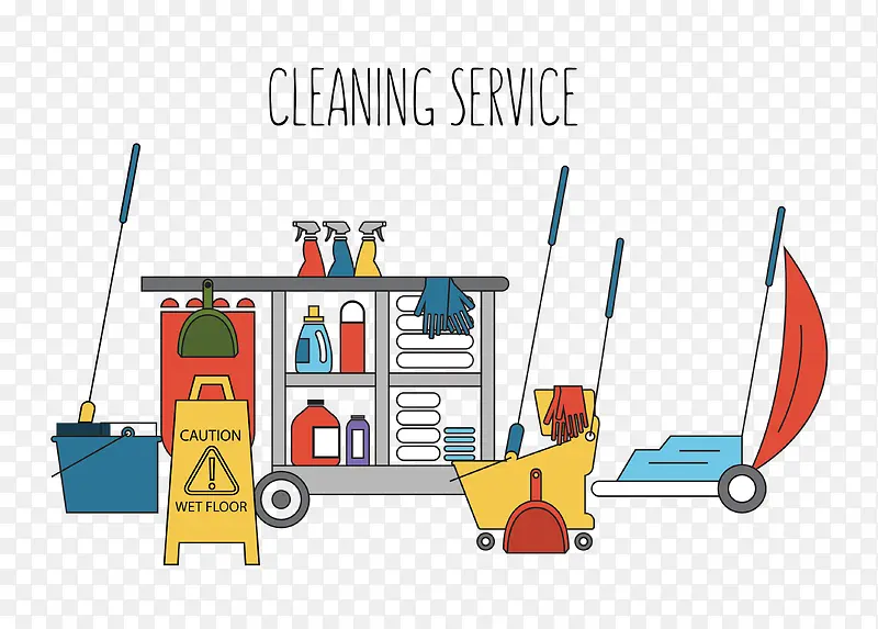 扁平化清洁服务工具卡通设计