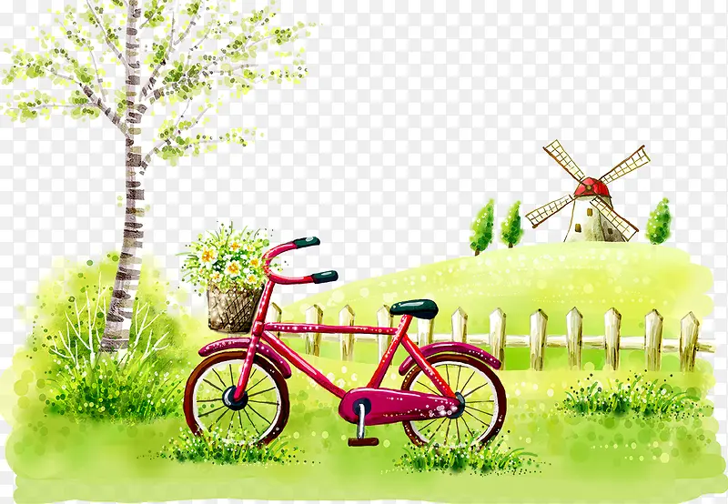 红色卡通自行车和风车