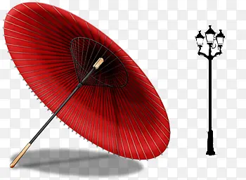 红色雨伞黑色路灯