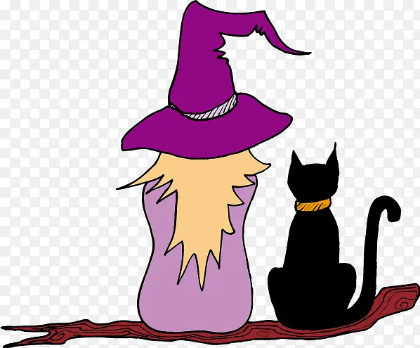 卡通紫色巫女黑猫矢量