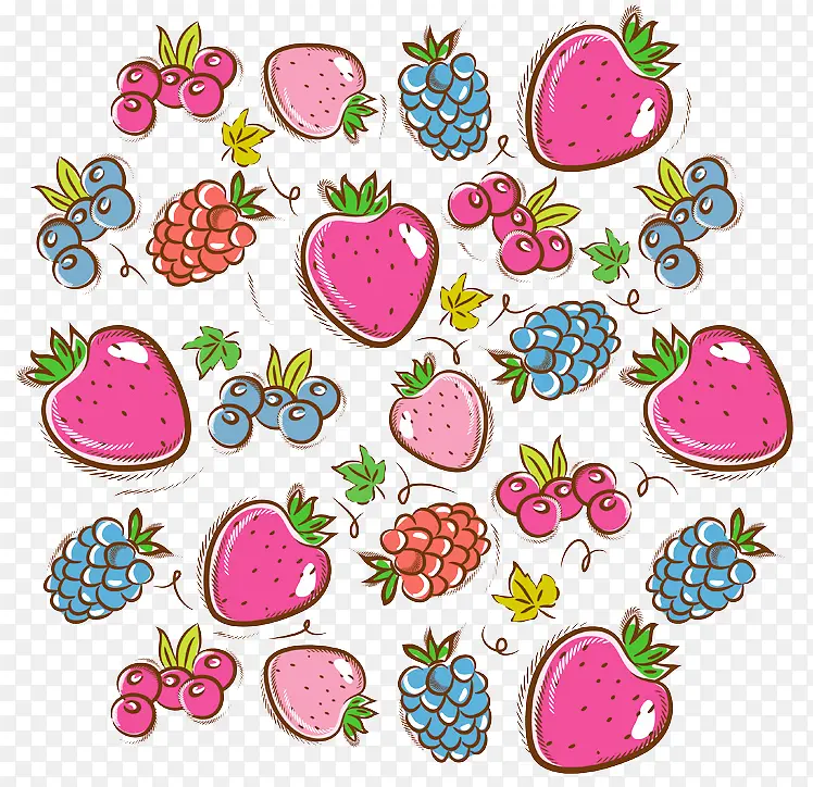卡通手绘草莓蓝莓树莓果实