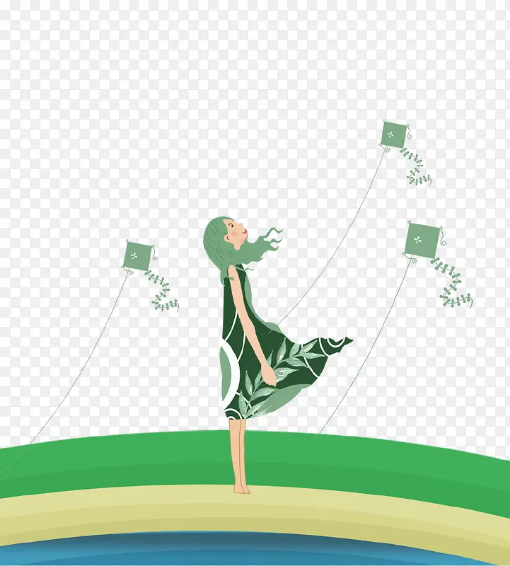 绿色创意放风筝的女孩免抠
