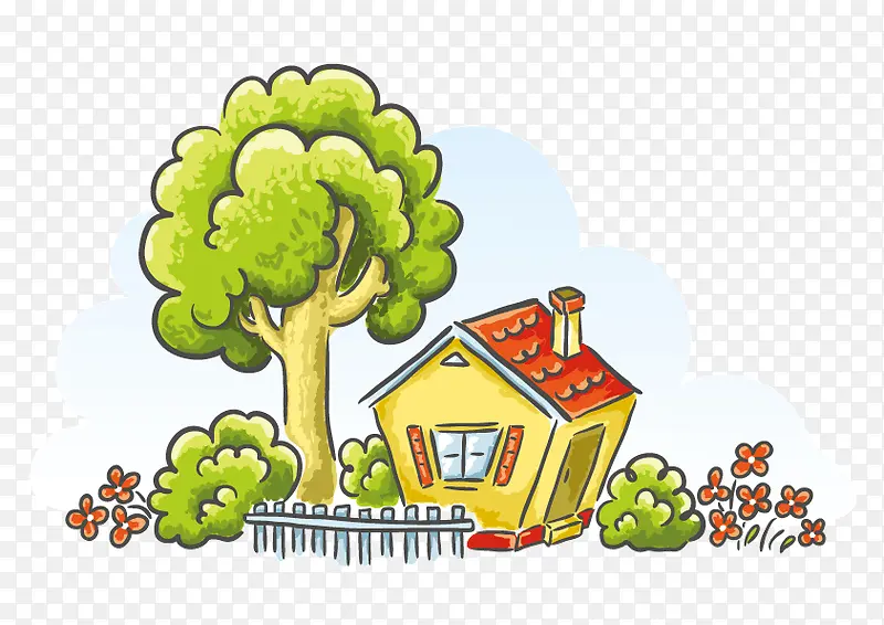 树木 房子 卡通 绿色 装饰图案
