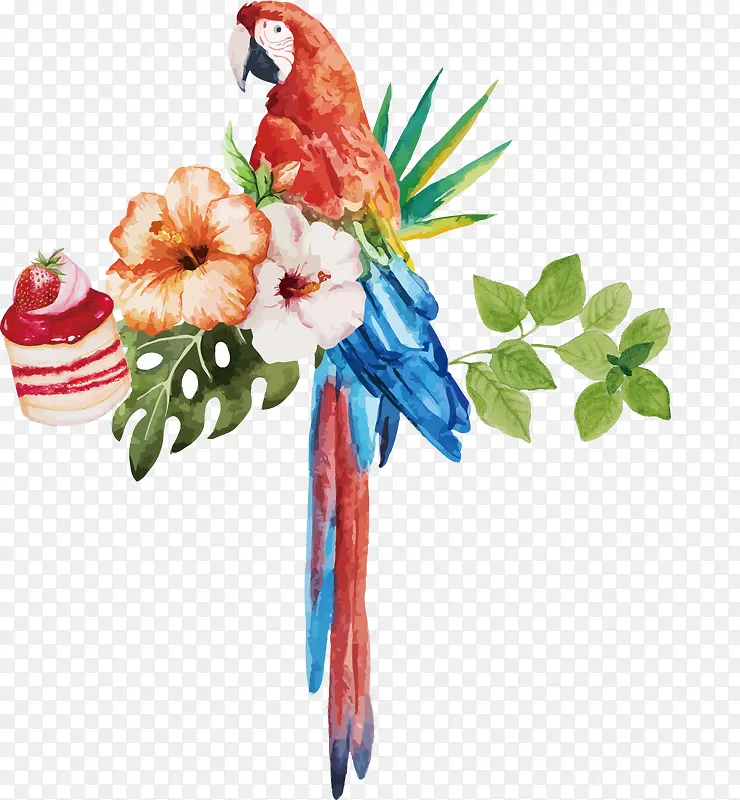 水彩鹦鹉花朵海报卡通素材