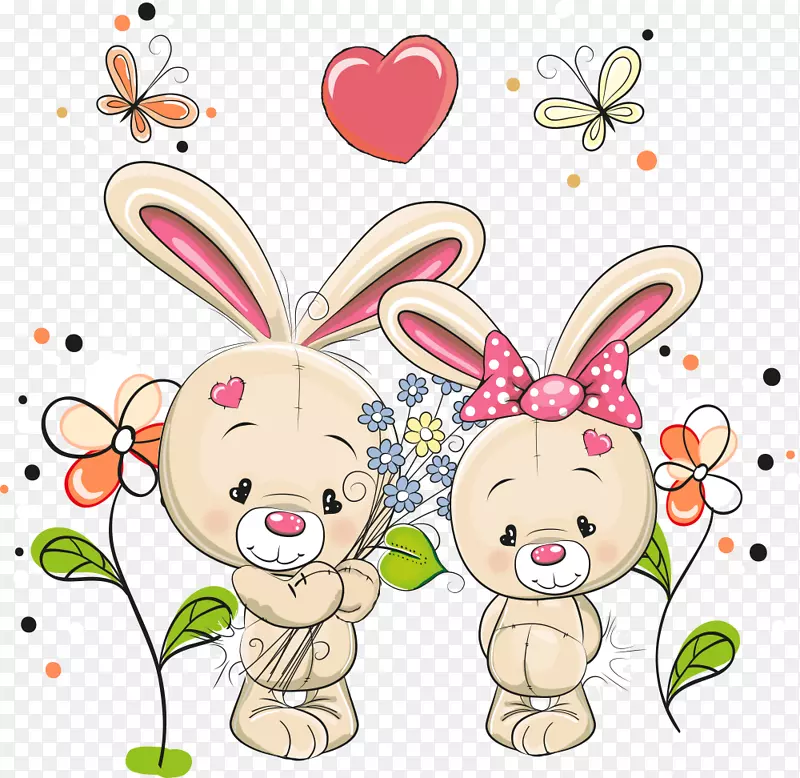 欧洲兔子生日摄影插图-卡通兔和花