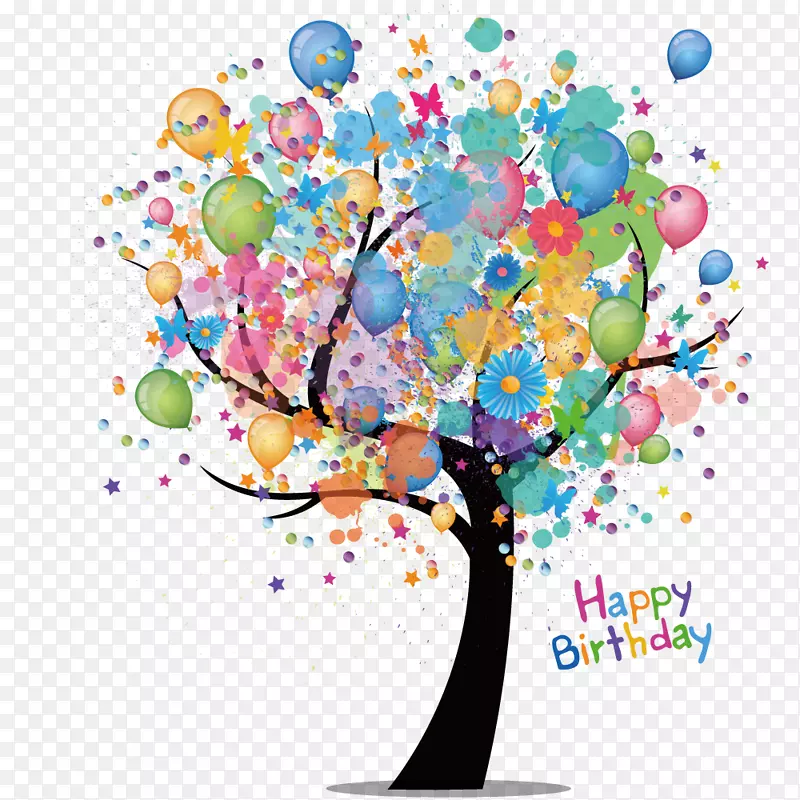 生日蛋糕贺卡愿望-卡通树水彩画气球