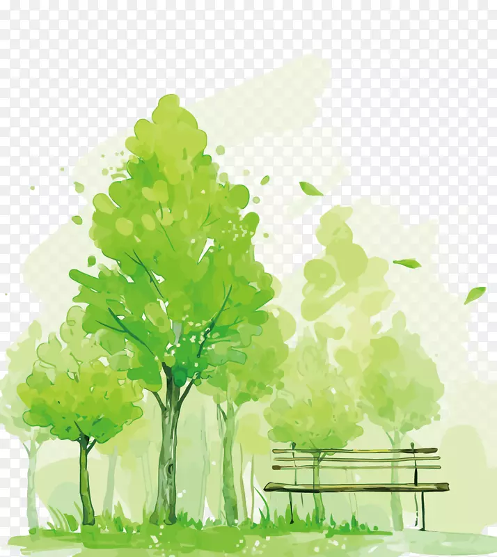 水彩画壁画插图绿树
