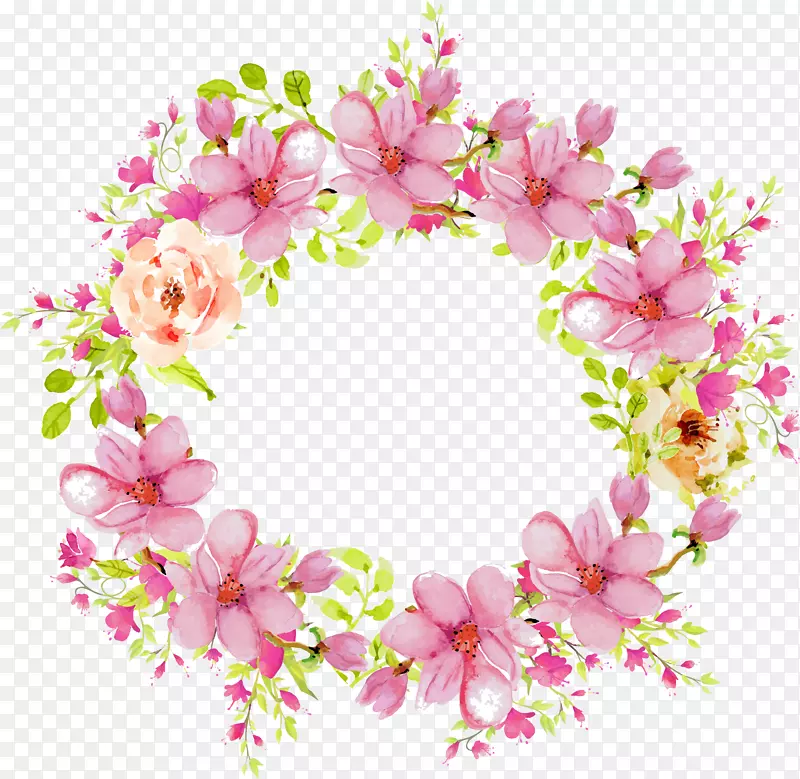 婚礼邀请函玫瑰花夹艺术-粉红色水彩手绘花环花藤边