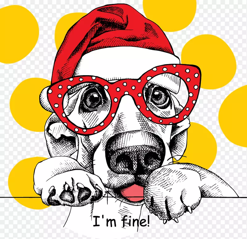 法国斗牛犬小狗圣诞老人圣诞画-黄色波尔卡圆点背景眼镜狗