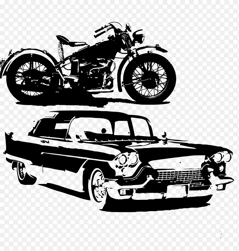 黑白手绘摩托车和汽车