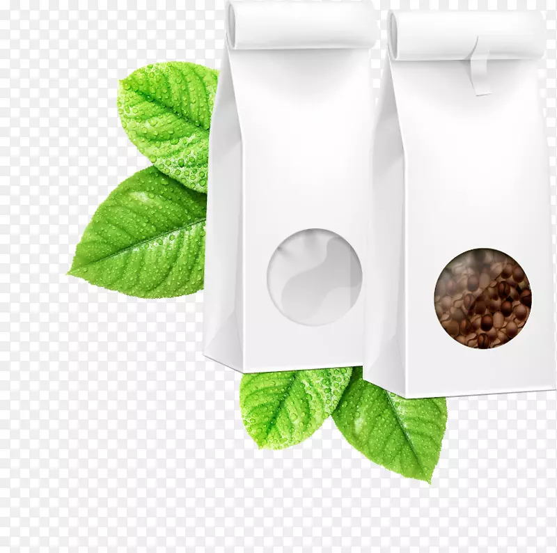 咖啡纸袋.白色咖啡袋上的绿叶