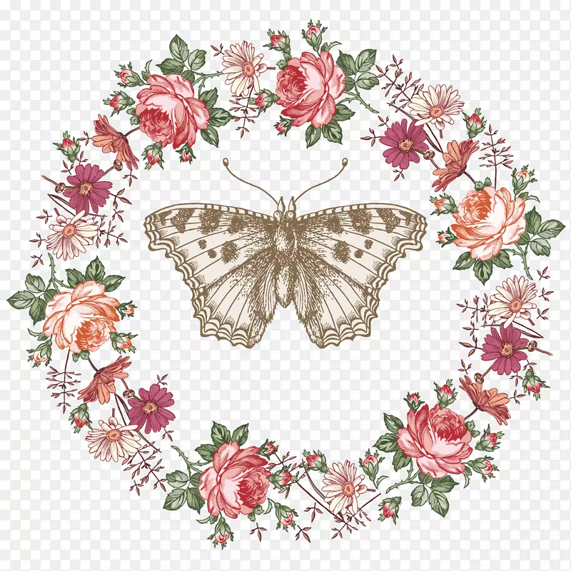 蝴蝶绘图插图.复古花环框架和蝴蝶