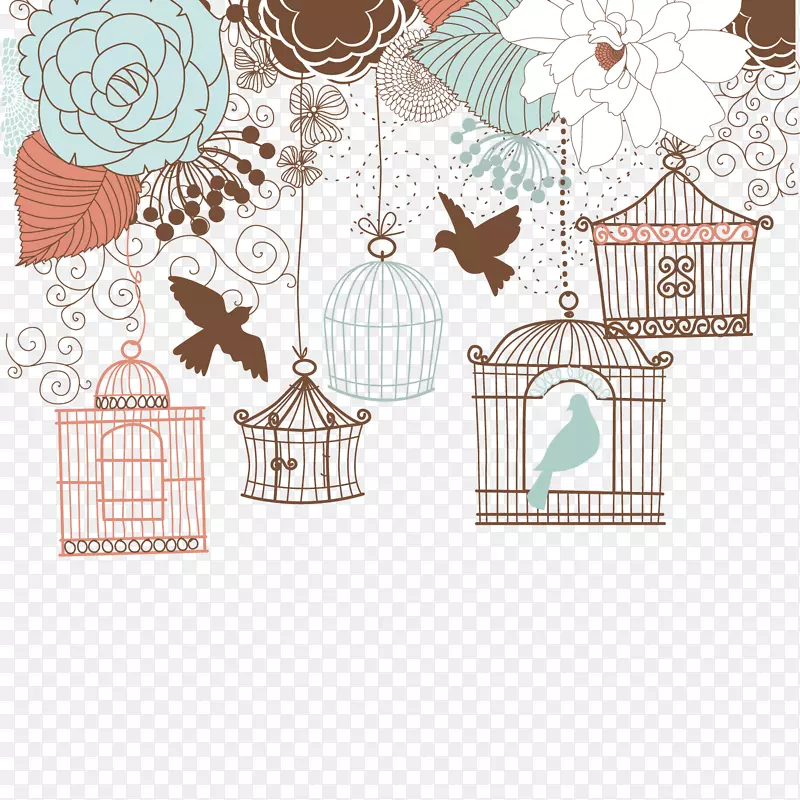 婚礼邀请函鸟笼插图.手绘复古花和鸟笼