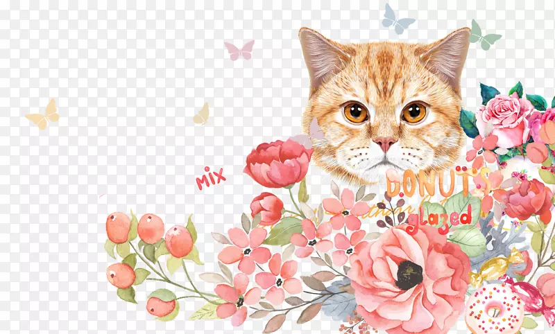 小猫可爱的壁纸-墨水猫和花卉背景