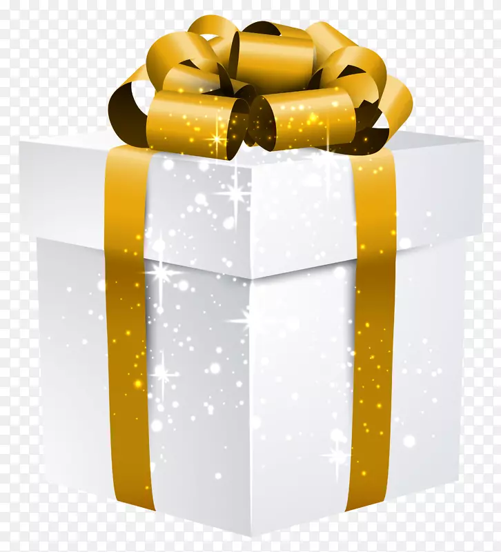 礼品盒黄金剪贴画-白色闪光礼盒，带有金色蝴蝶结，剪贴画