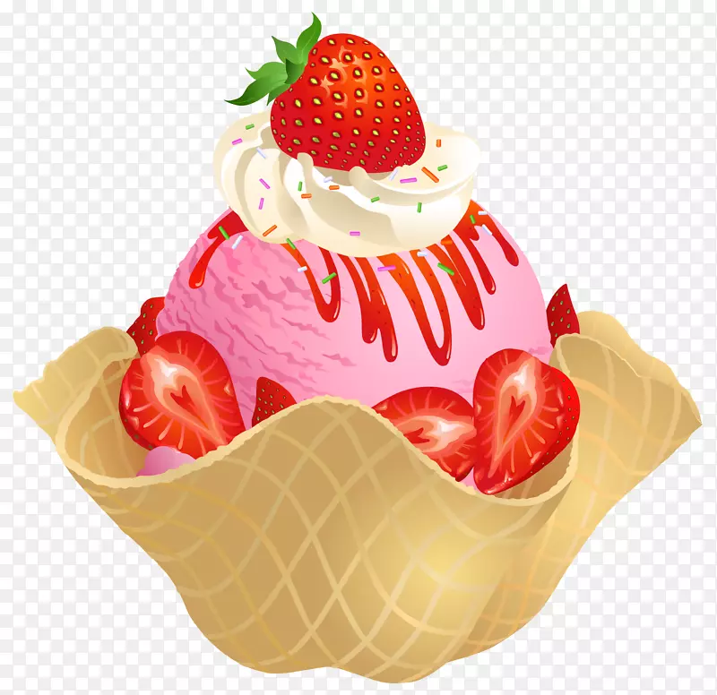 草莓冰淇淋圆锥巧克力冰淇淋透明草莓冰淇淋华夫饼篮PNG图片