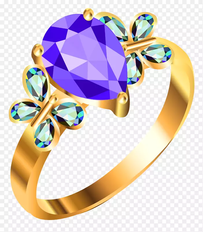 耳环珠宝剪贴画-镶有蓝色和紫色钻石的金戒指