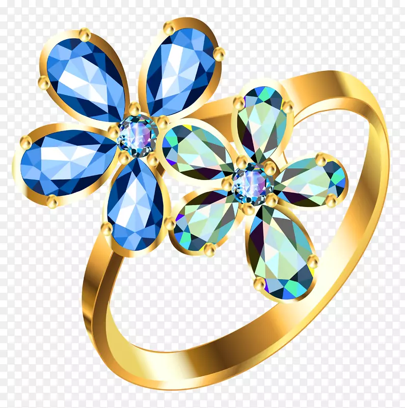 珠宝插画艺术.镶有蓝色花钻石的银戒指