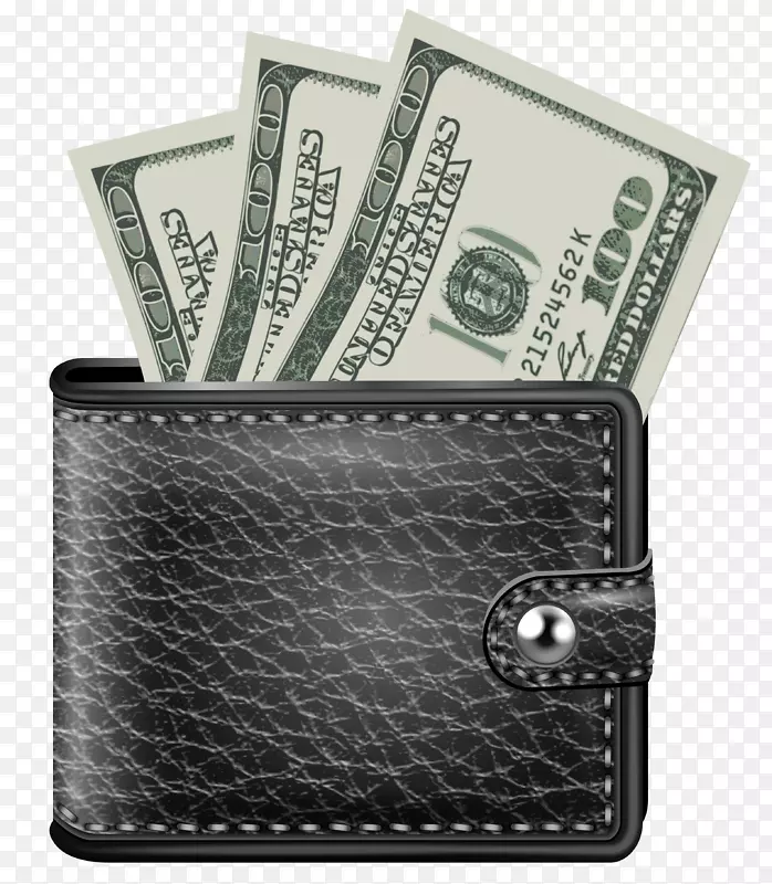 钱包钱夹艺术-黑色钱包与金钱，PNG剪贴画