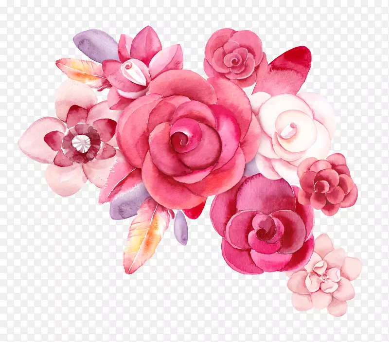 静物：粉红玫瑰花创意水彩画花PS材质红花
