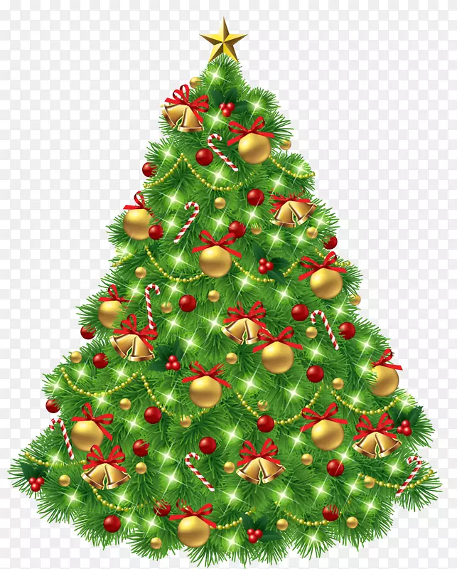 圣诞树圣诞剪贴画.带饰品和金钟的透明圣诞树PNG图片