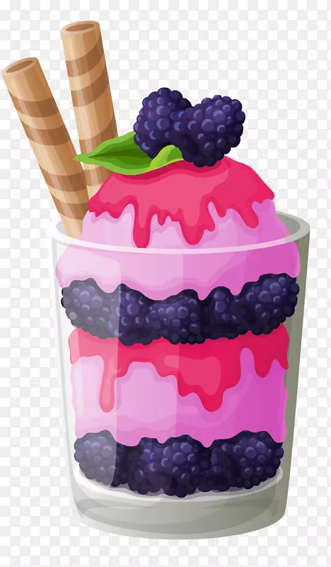 巧克力冰淇淋圣代草莓冰淇淋-粉红色冰淇淋杯配黑莓PNG剪贴画