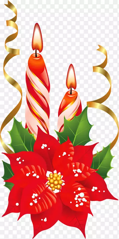 一品红圣诞插花艺术-红色和白色圣诞蜡烛与一品红PNG图片