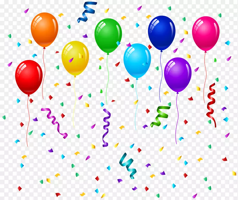 生日蛋糕气球派对贺卡-纸屑及气球PNG剪贴画图片