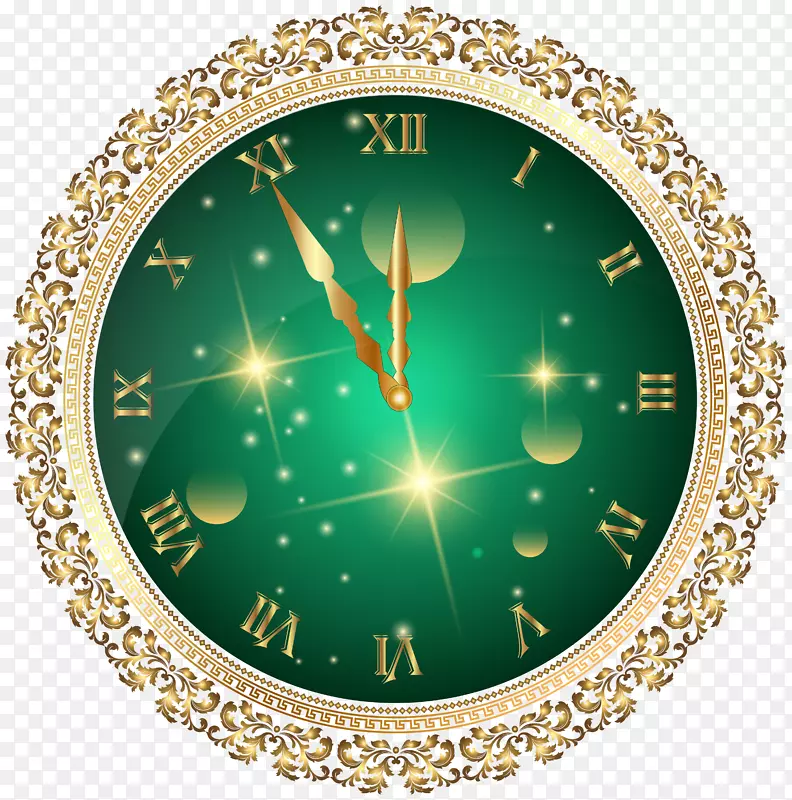 新年夜时钟剪贴画-绿色新年钟PNG透明剪贴画图片