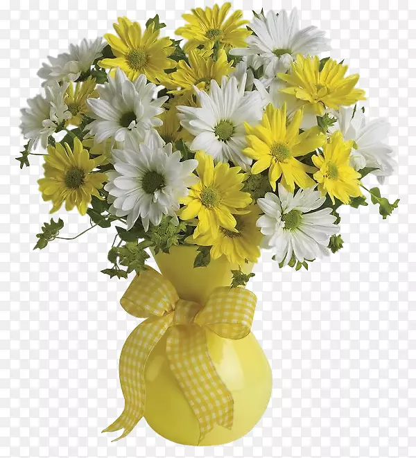 鲜花花束电报送花-花瓶配以黄白雏菊，八角图