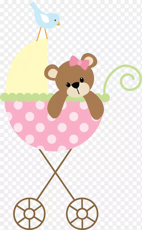 结婚邀请函婴儿淋浴贺卡致谢信婴儿熊卡通手绘粉红色婴儿车