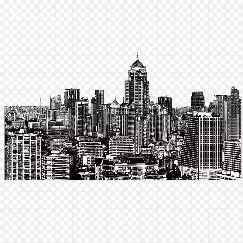 纽约市绘图大楼插图-俯瞰城市组手绘城市夜景的图