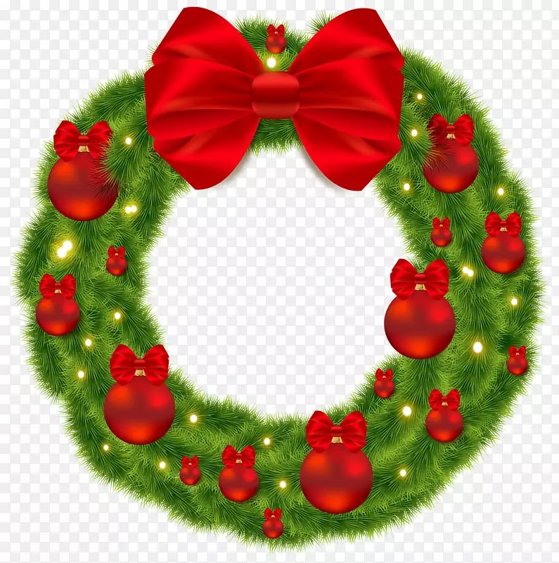 圣诞老人圣诞图标-红色蝴蝶结和圣诞球的松花圈png图像