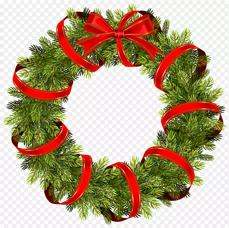 圣诞装饰圣诞树剪贴画-绿色圣诞松花环，红丝带，PNG剪贴画