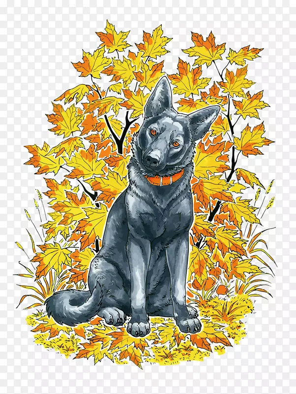 狗猫土坯插画-狗和树叶